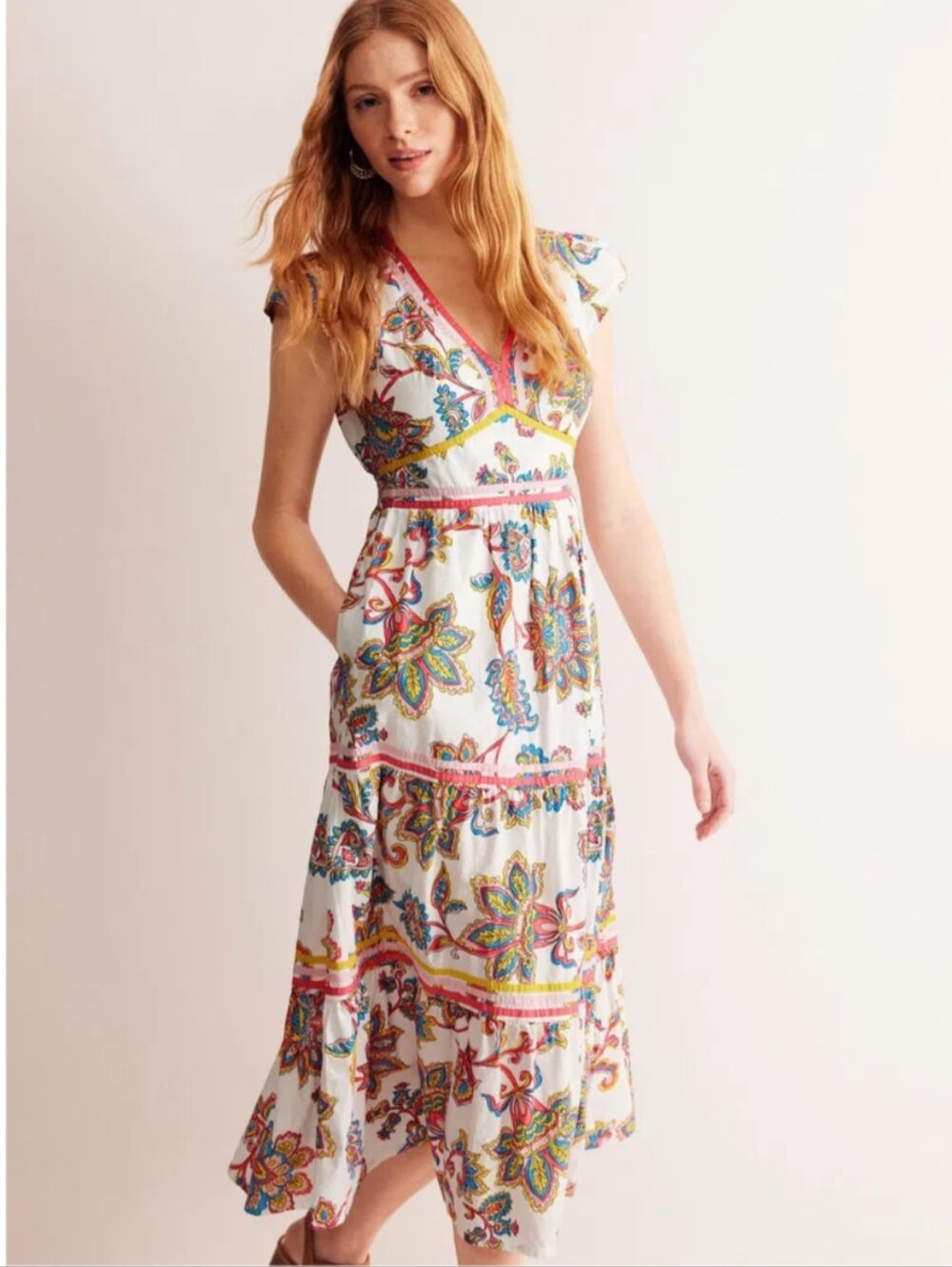 Boden Floral Tiered Maxi Dress in White with Multicolor Print